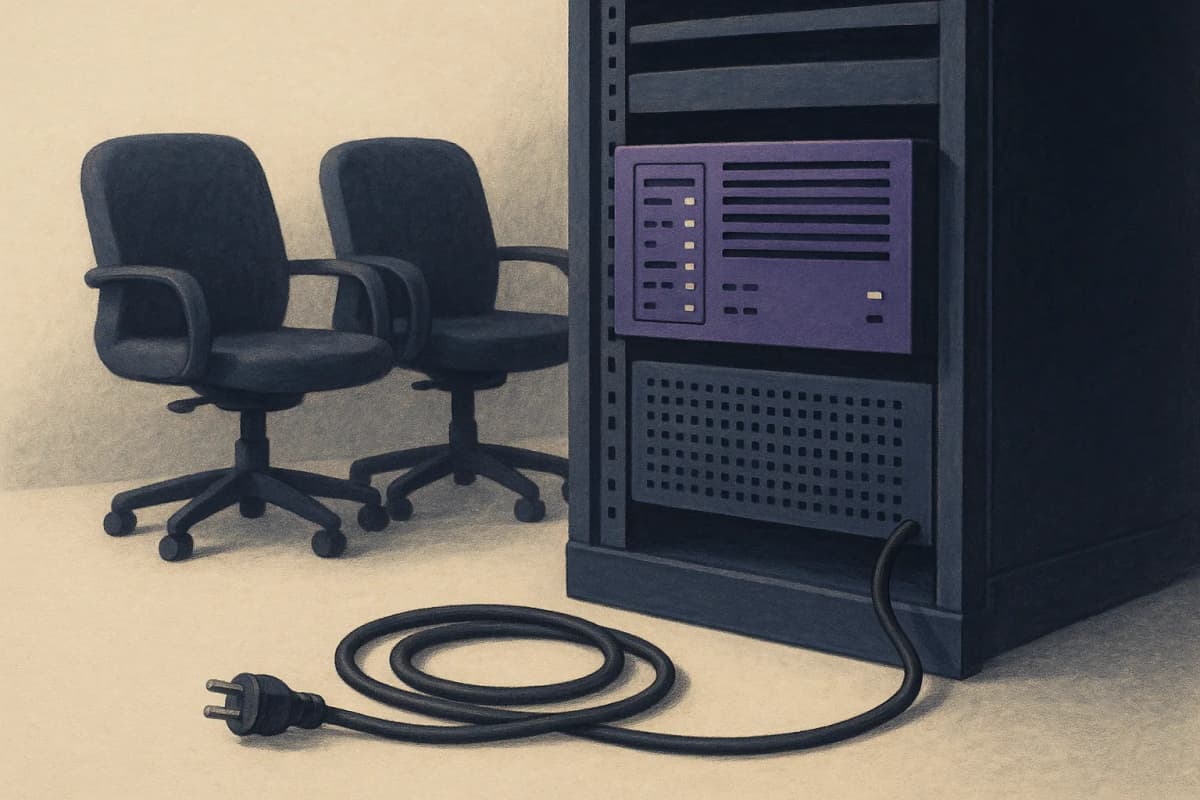 A rack-mounted server in a data centre with its power cable unplugged and coiled on the floor beside it, and two empty office chairs pushed up against the rack.