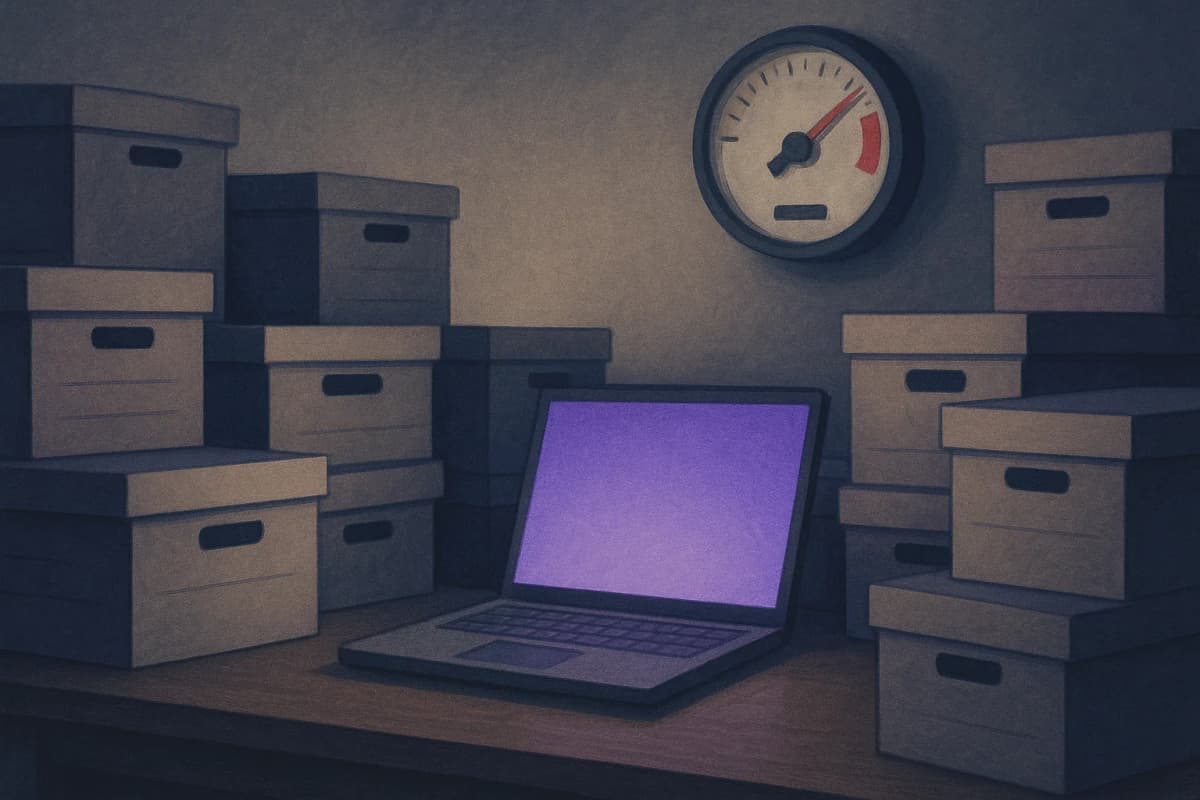 A law-firm document review room late at night: a long table stacked with bankers' boxes of contracts, one open laptop glowing among them, and on the wall behind it an analog utility meter whose dial has spun far past the