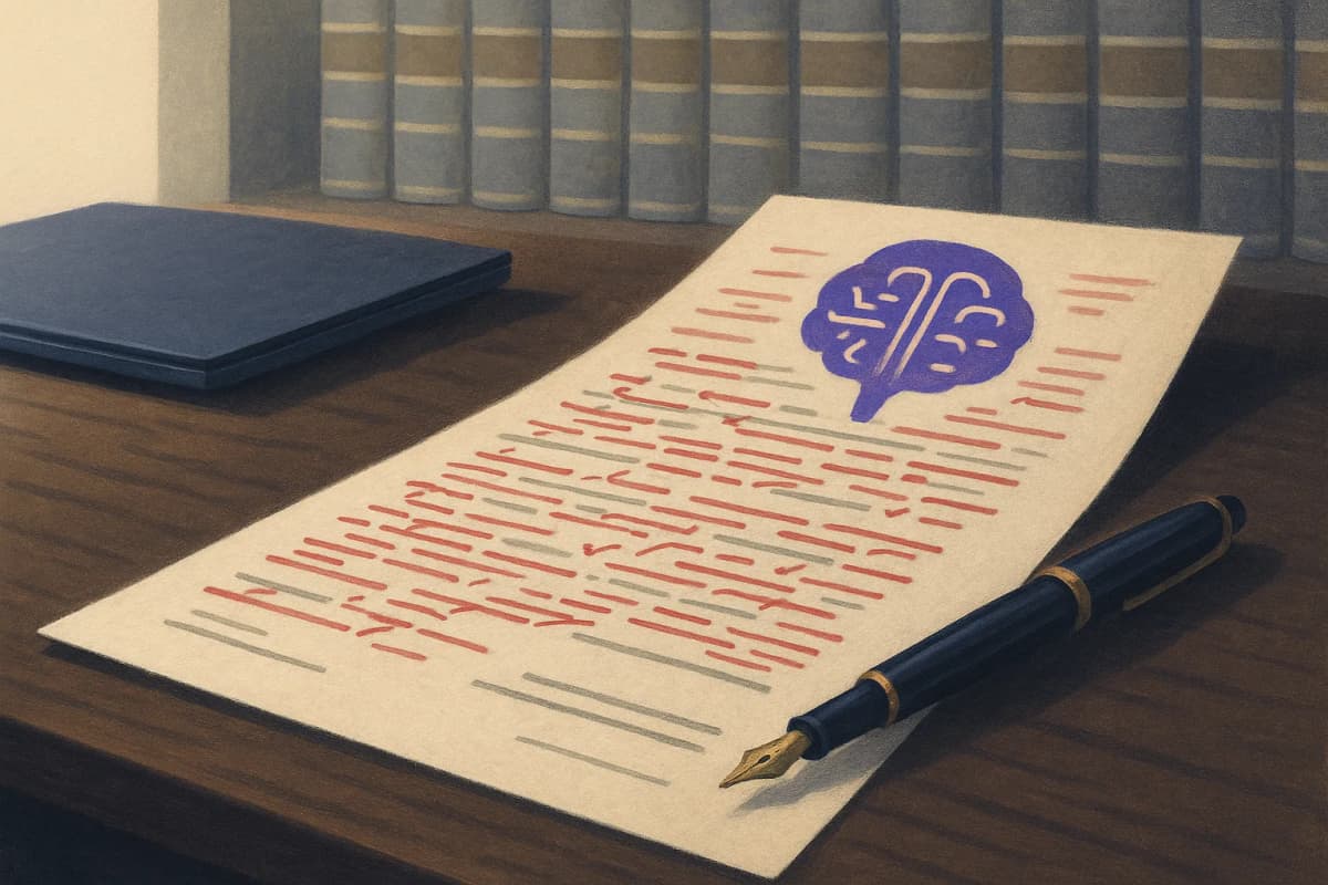 A partner's desk in a corporate legal department: a printed commercial contract covered in red-ink redline markups, a fountain pen resting on the signature page, and behind it a wall of bound case-law reporter volumes, w