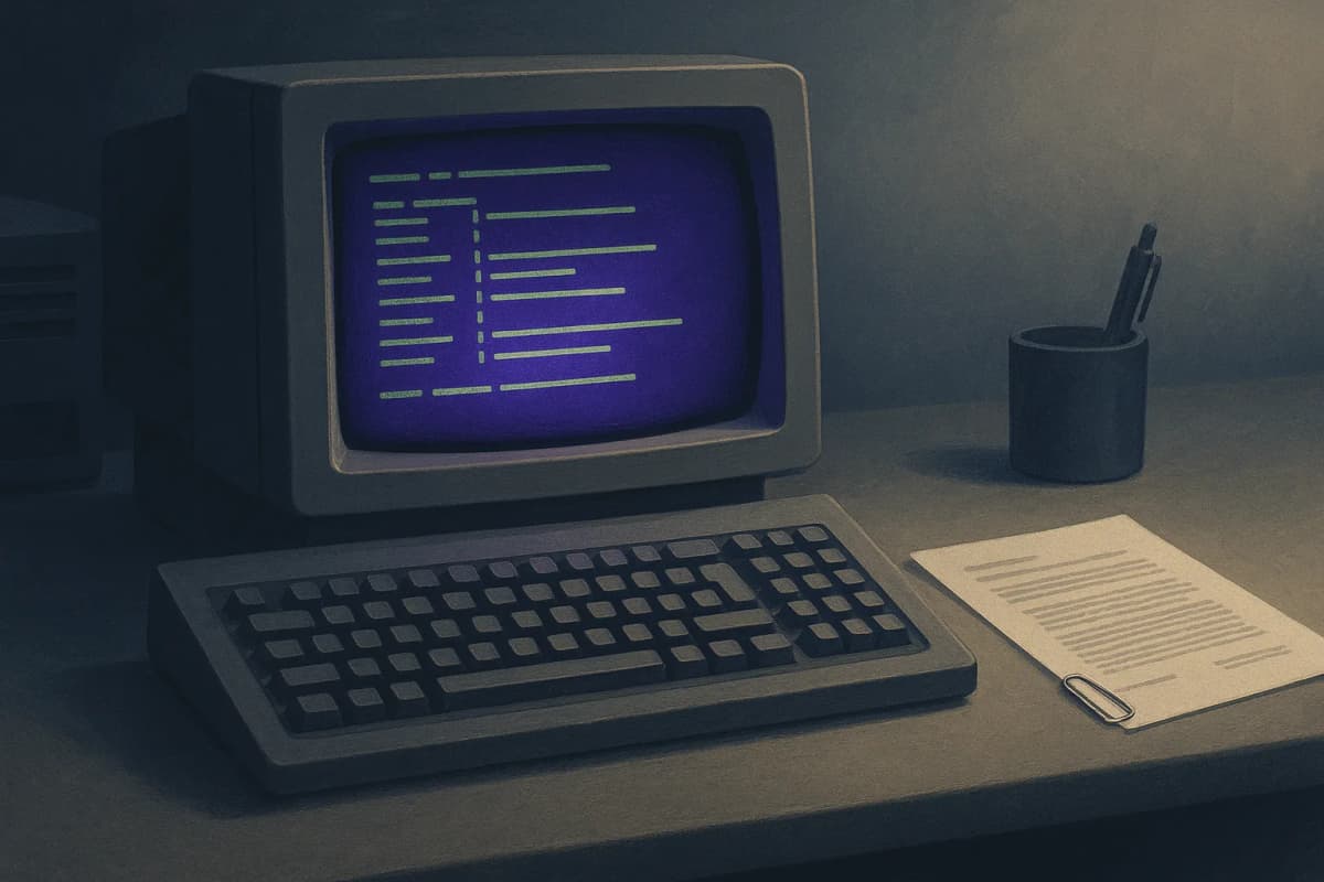 A bank back-office desk at night with an old green-screen terminal showing a mainframe form being filled in automatically, the keyboard untouched, a printed vendor contract with a paper clip lying beside it.