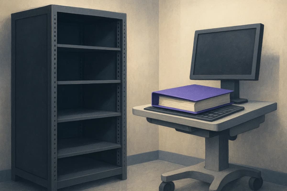 An empty steel server rack standing in a hospital data closet, its shelves bare, next to a wheeled clinical workstation with a thick closed three-ring binder resting on the keyboard tray.