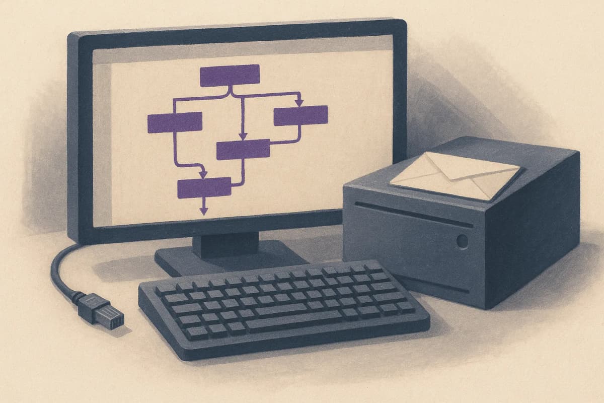 A dim malware-analysis lab bench with a workstation showing a disassembly graph, a physically unplugged network cable lying beside the keyboard, and a second, smaller server box sitting next to the workstation with a bla