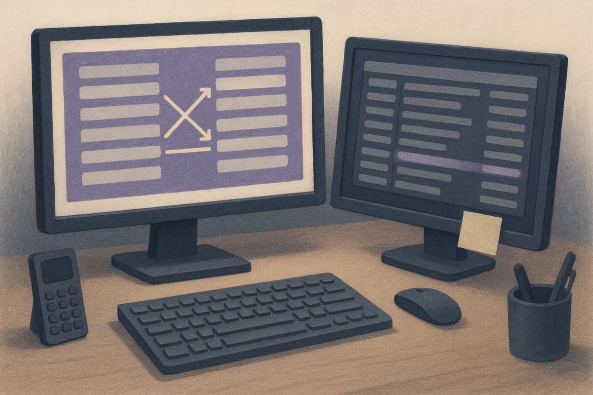 A marketing-ops desk at night with two monitors: one showing a field-mapping table with arrows between two columns of data fields, the other showing a long list of sync logs with one row highlighted, and a blank sticky n