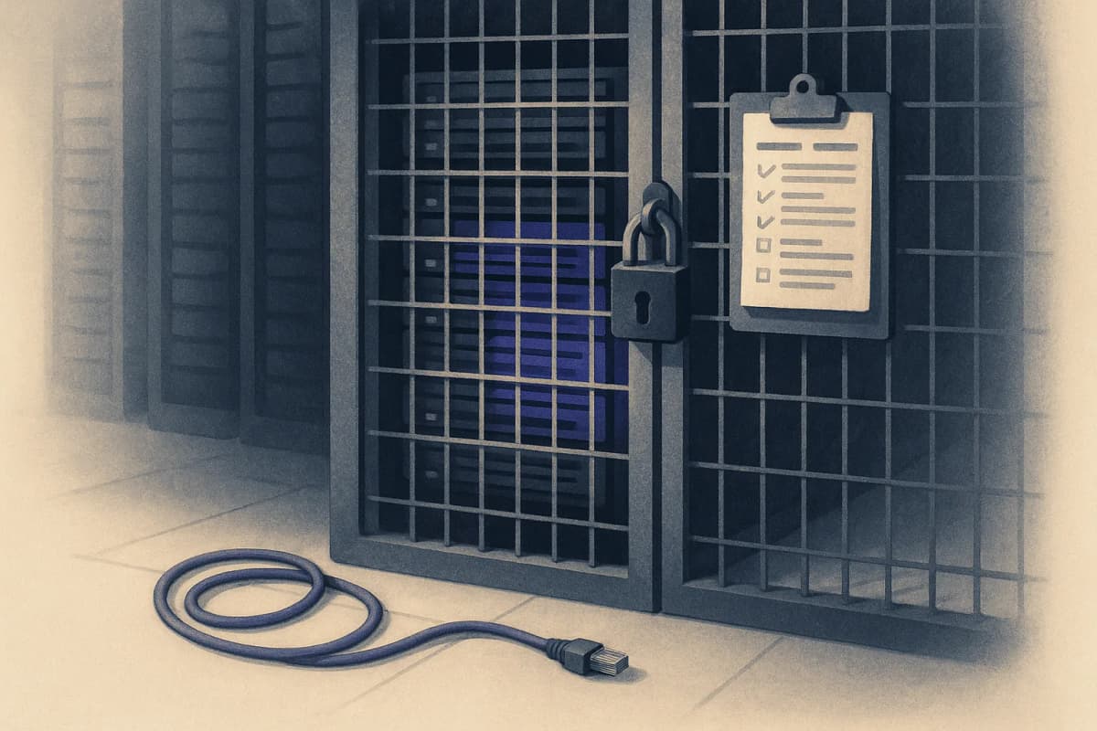A locked steel cage door in a data centre aisle enclosing a rack of hard drives, with a clipboard of printed inventory sheets hanging on the cage and a single network cable coiled unplugged on the floor.