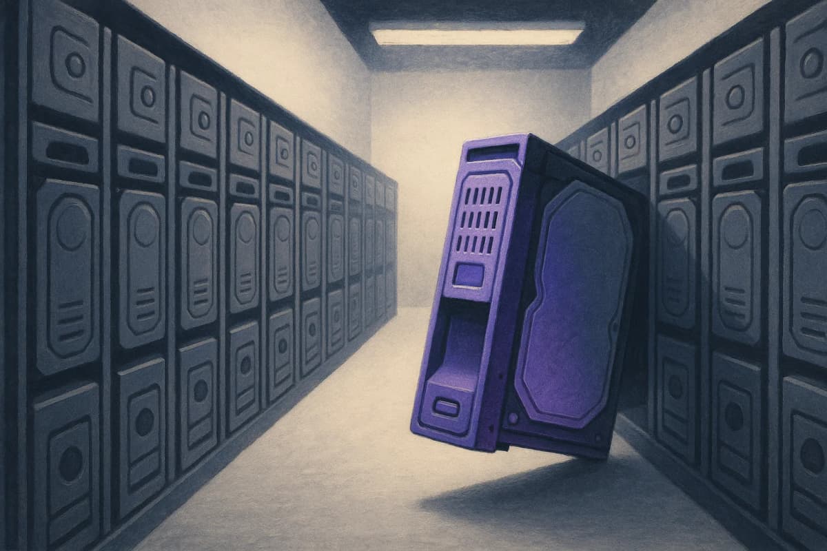 Two facing rows of identical hard drives in a data-centre rack aisle, one drive lifted halfway out of its bay under a strip of overhead light.
