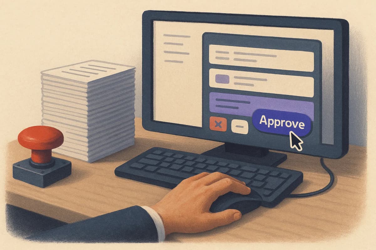 An office approval queue on a monitor with a reviewer's hand resting on a mouse over a green approve button, a tall stack of identical printed request slips beside the keyboard, and a red mushroom-shaped emergency stop b