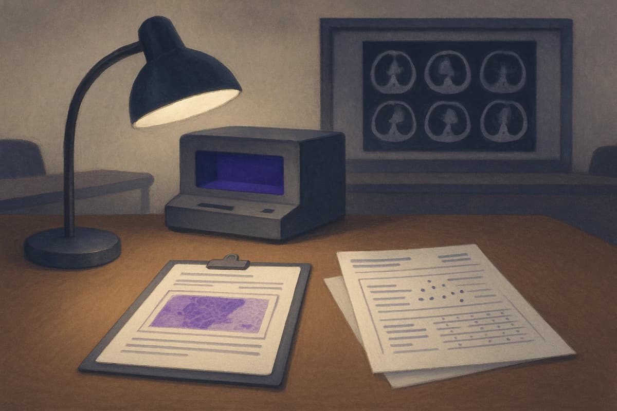 A hospital tumor-board conference table with a printed patient chart and a blood-test results sheet lying front and centre under a desk lamp, while a whole-slide pathology scanner and a lightbox of CT films sit switched