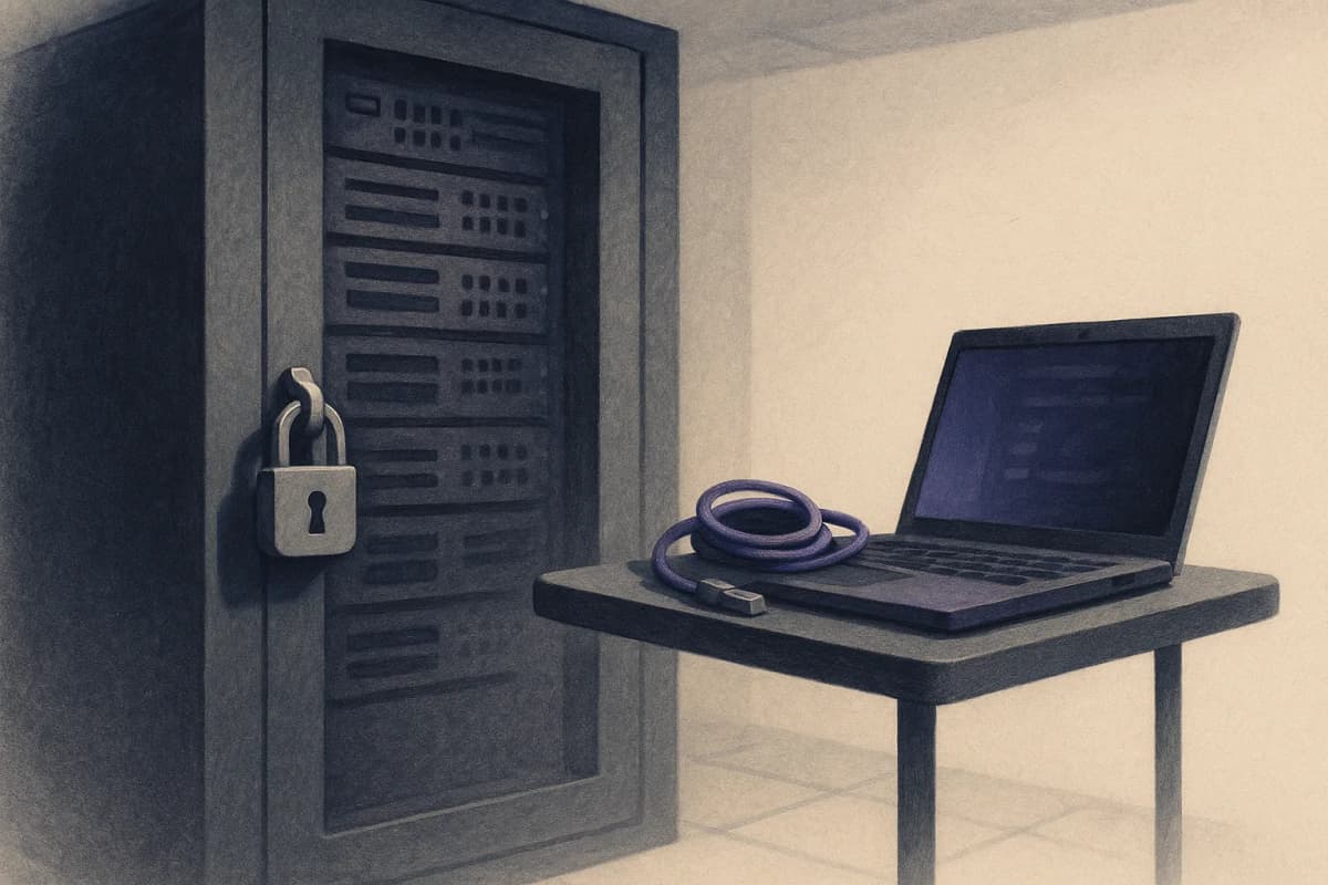 A locked server rack in a windowless bank data centre with a single developer laptop on a cart beside it, its network cable unplugged and coiled on top.
