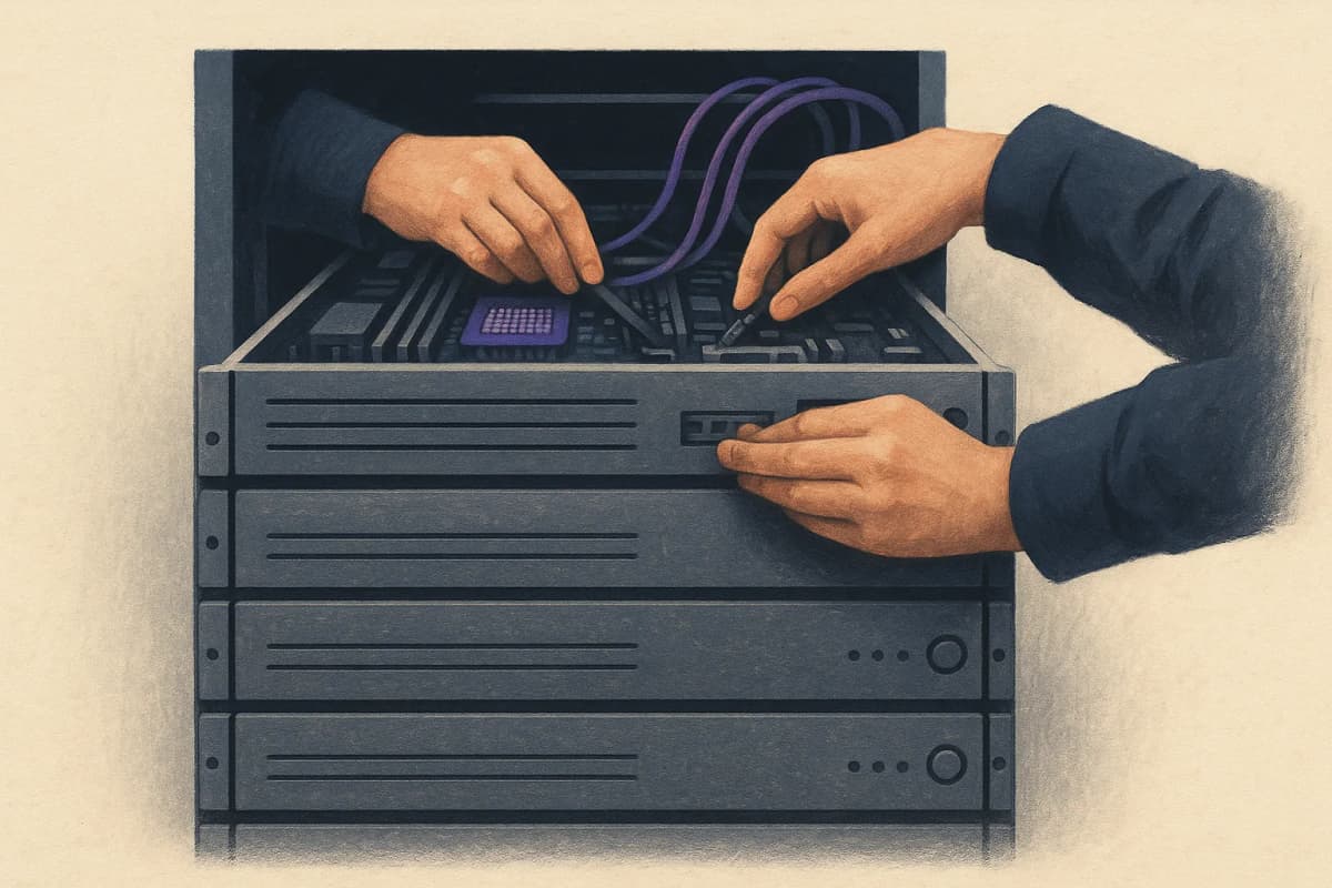 Six identical rack-mounted server units in one data centre rack: the top unit has its lid off with cables rerouted and a technician's hands inside, while the five below are sealed shut with a thin layer of dust on their