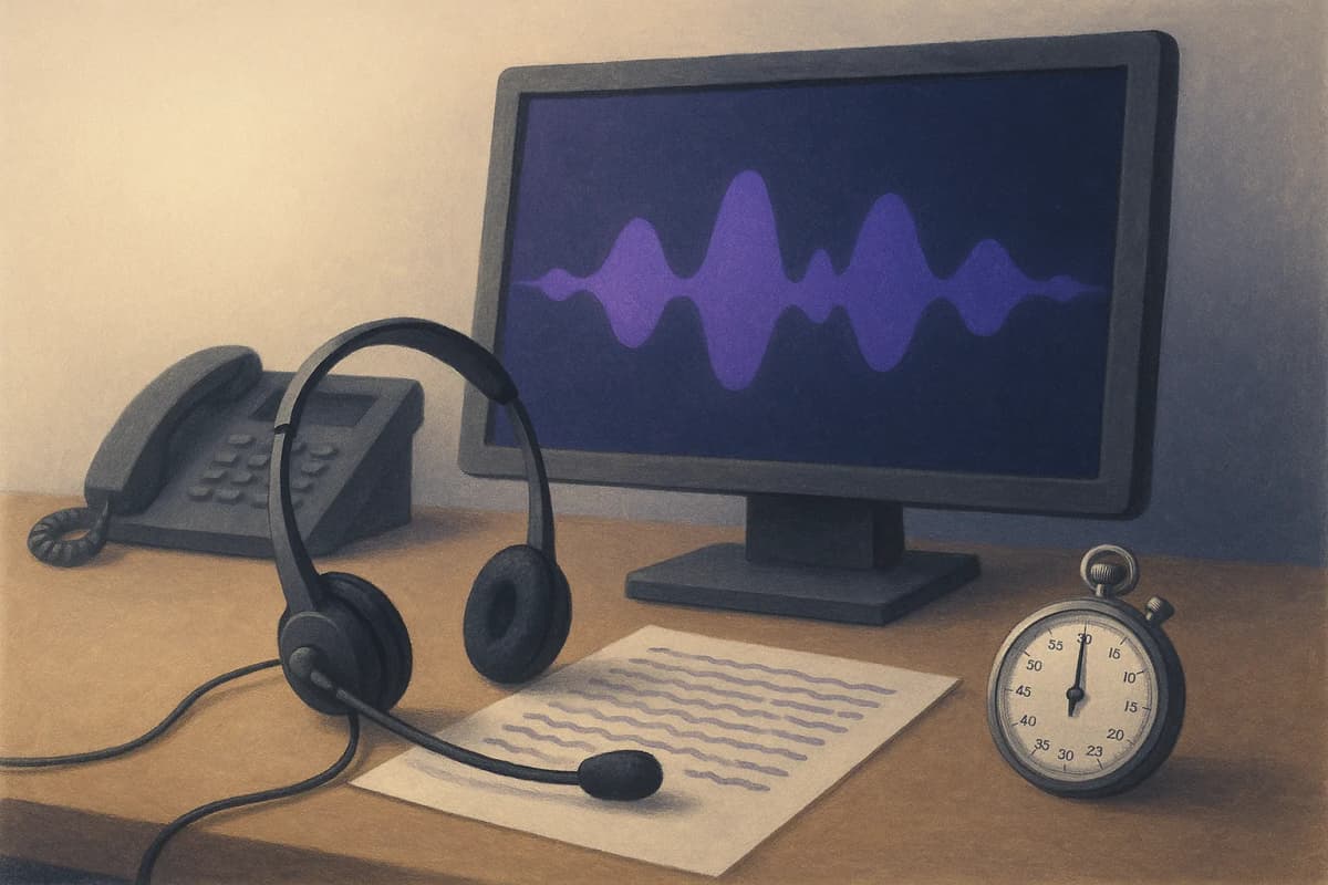 A contact-centre desk at night with a headset resting beside a stopwatch and a printed call transcript, a single monitor glowing with a blank waveform.