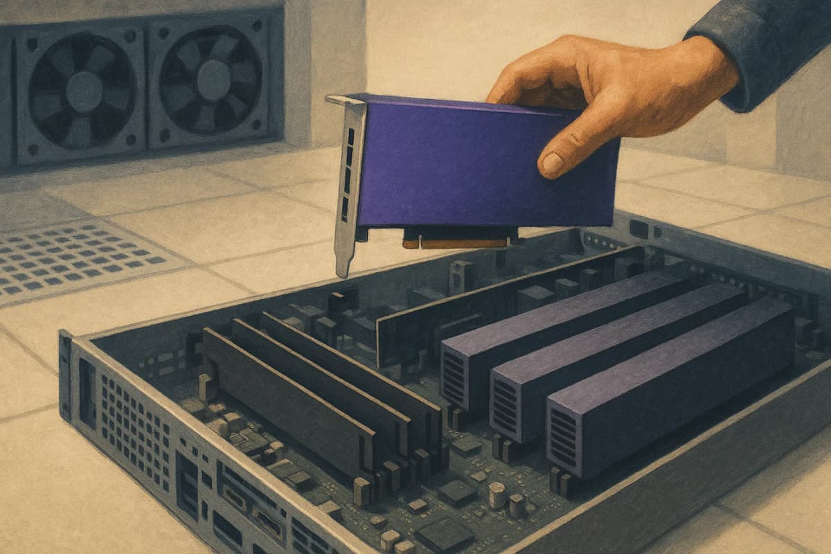 An open air-cooled 2U server on a data-centre bench with a row of long passive PCIe accelerator cards seated in its slots, a technician's hand holding one more card above an empty slot, cold-aisle fans and perforated flo