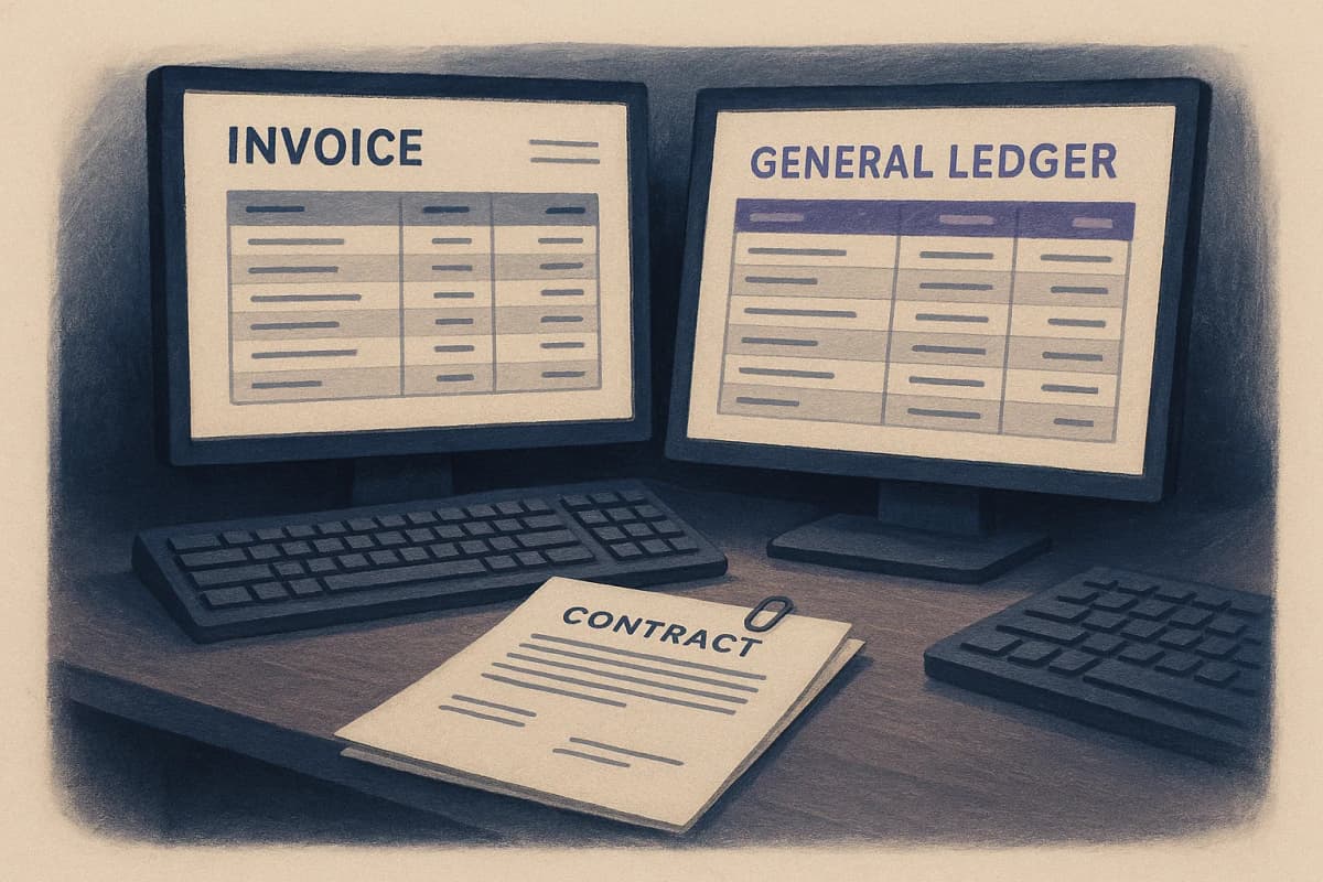 A finance desk at night with two monitors side by side, one showing a billing invoice list and the other a general ledger, a printed contract with a paper clip resting between the keyboards.