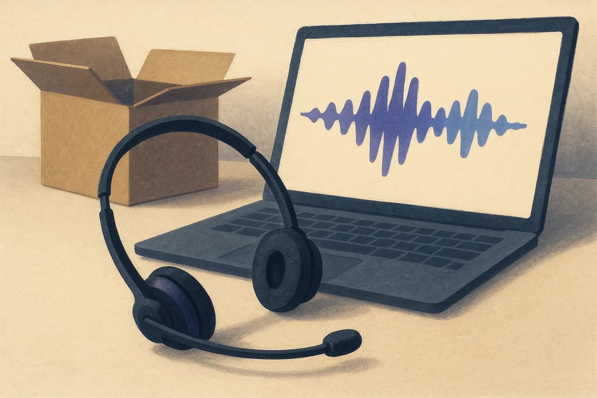 A contact-centre headset resting on a desk beside a laptop showing a voice waveform, with a moving box half-packed next to it.