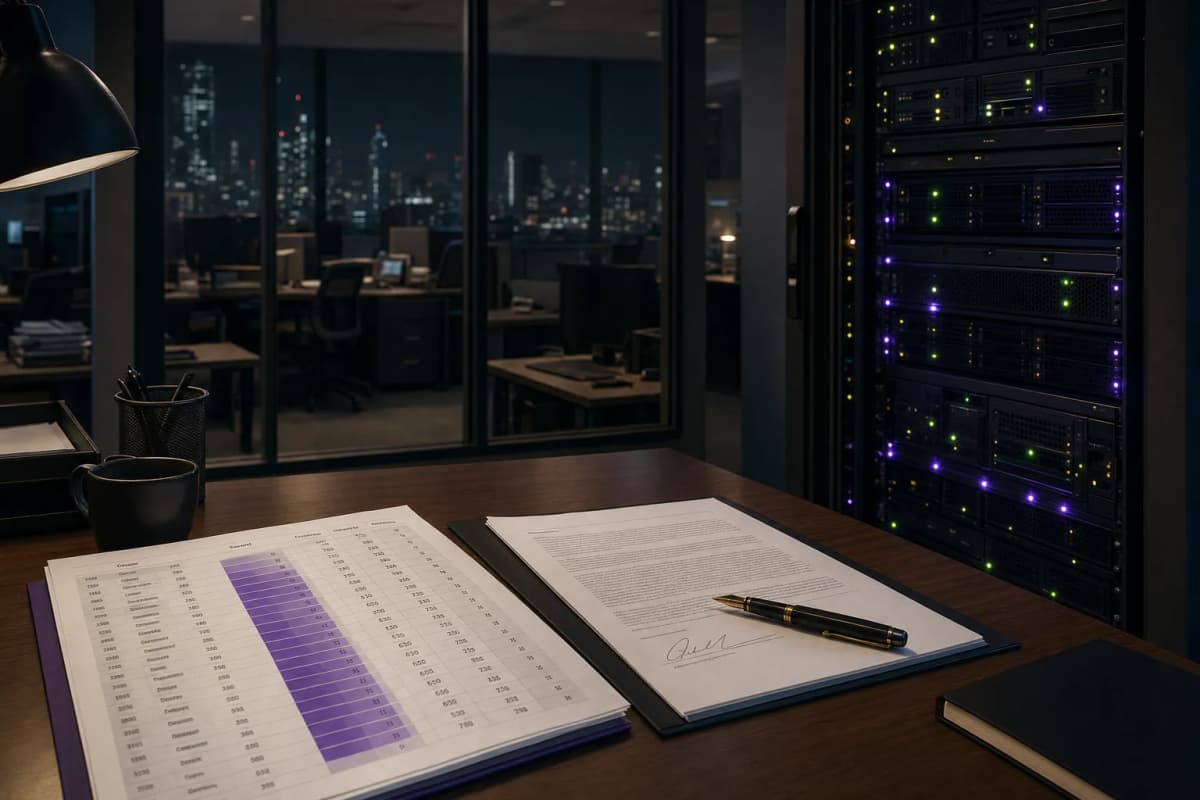 A bank branch back office at night: a server rack with blinking lights beside a desk holding a printed spreadsheet of customer credit scores and a signed acquisition contract with a fountain pen.