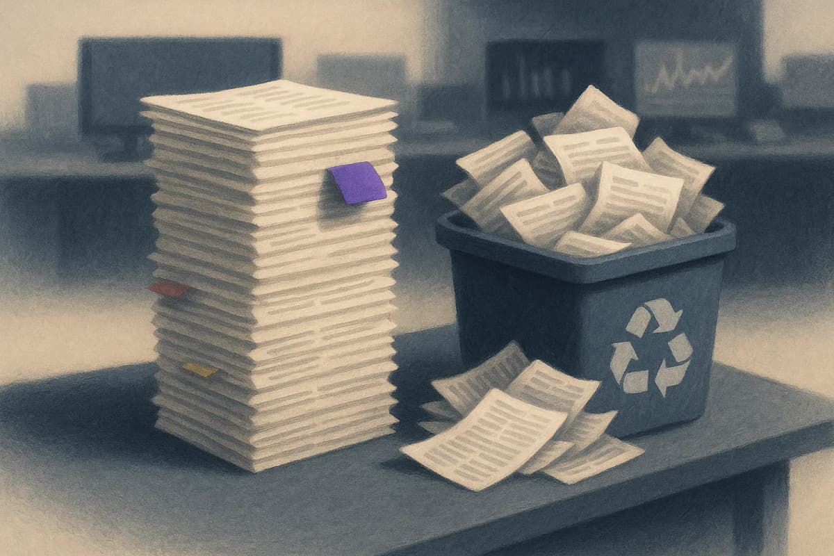 A tall stack of printed newspaper articles on a bank trading-floor desk, each page flagged with a small coloured tab along its edge, beside an overflowing recycling bin full of identical duplicate copies of the same page