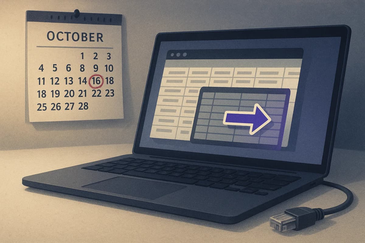 A recruiter's desk at dusk with a laptop showing a candidate spreadsheet being exported, a wall calendar with October 16 circled in red, and an unplugged network cable lying beside the keyboard.