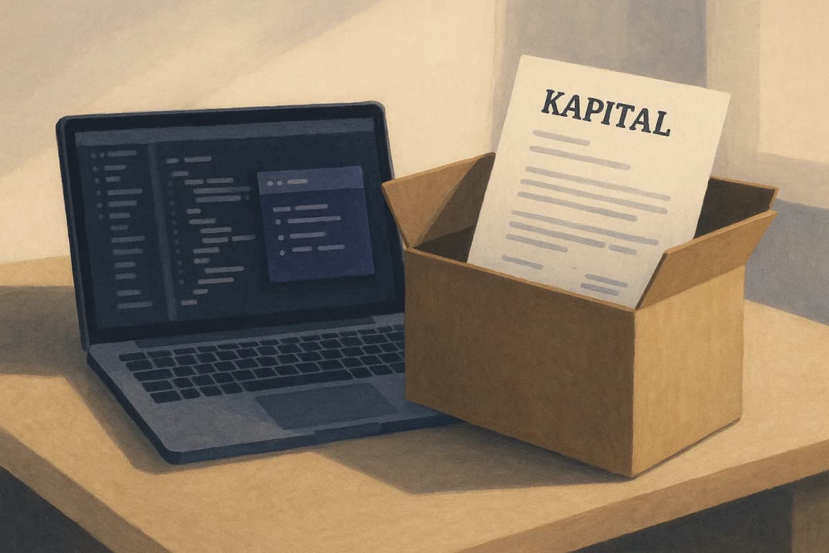 A developer's laptop on a desk showing a terminal session with a small plugin panel, beside a bank branch's printed acquisition letter in a cardboard moving box, late afternoon office light.