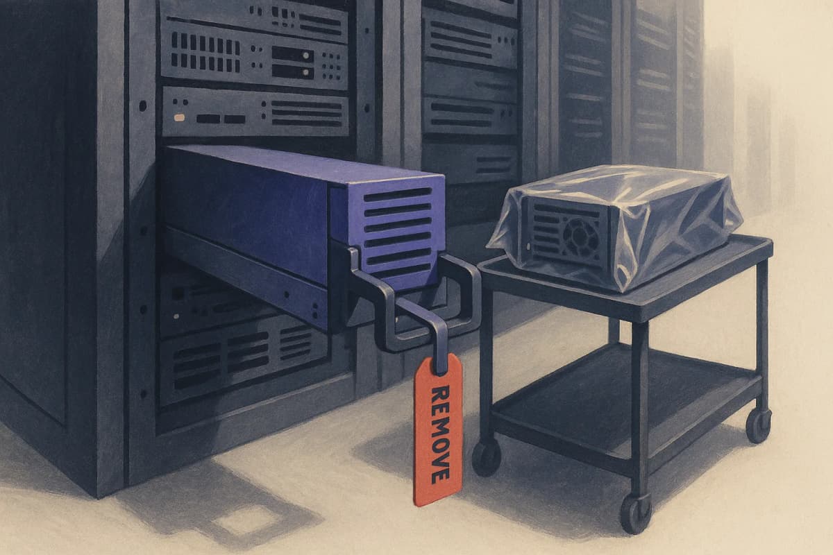 A server rack in a data centre aisle with one GPU server sled pulled halfway out, a red 'remove' tag hanging from its handle, and a new sled in an anti-static bag waiting on a cart beside it.
