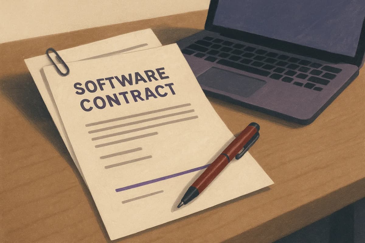 A printed software renewal contract lying on a boardroom table next to an open laptop, with a red pen resting on the signature line and one loose, unsigned addendum page paper-clipped on top.