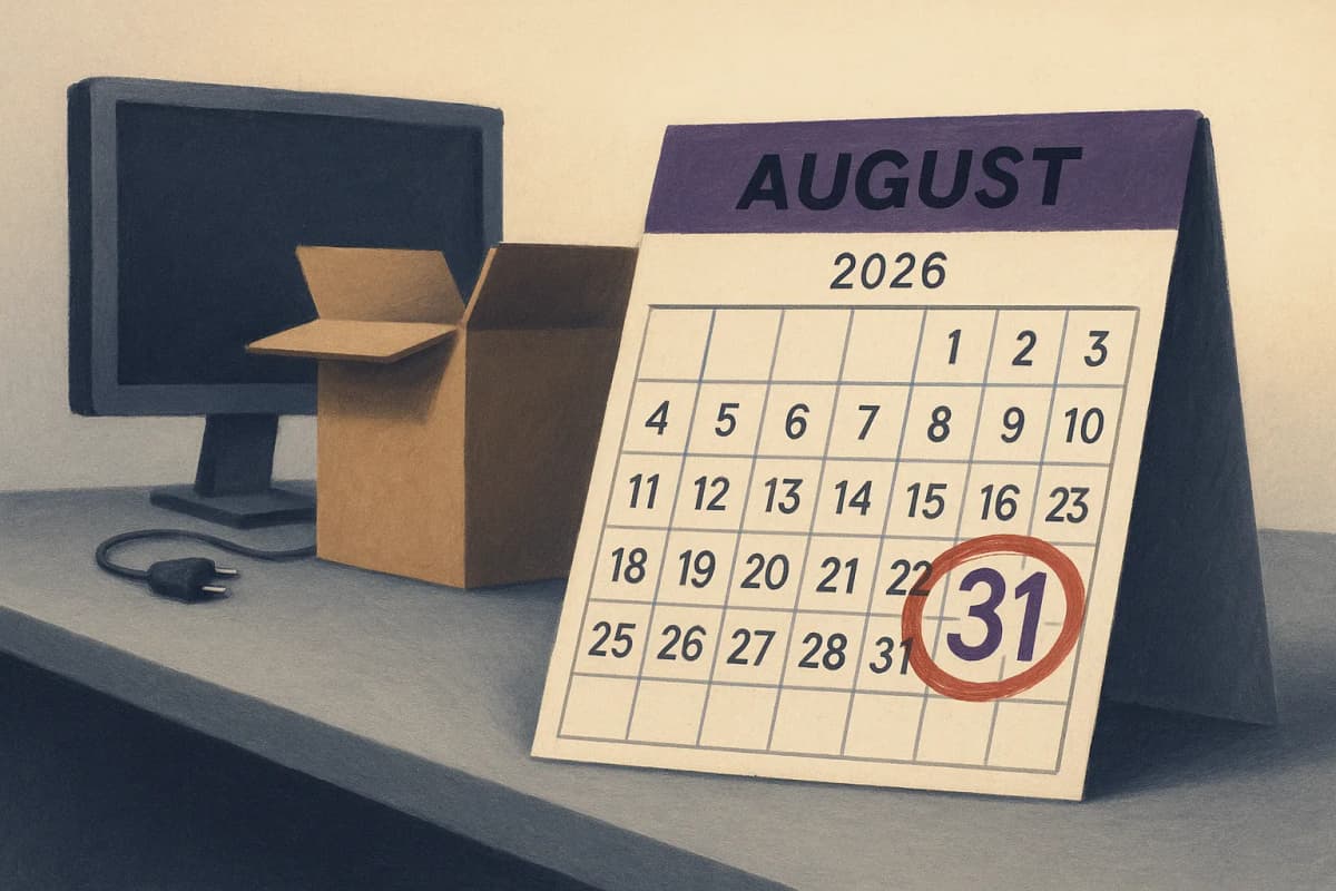 A wall calendar turned to August 2026 with the 31st circled heavily in red marker, sitting on an emptied office desk beside a cardboard packing box and an unplugged monitor.