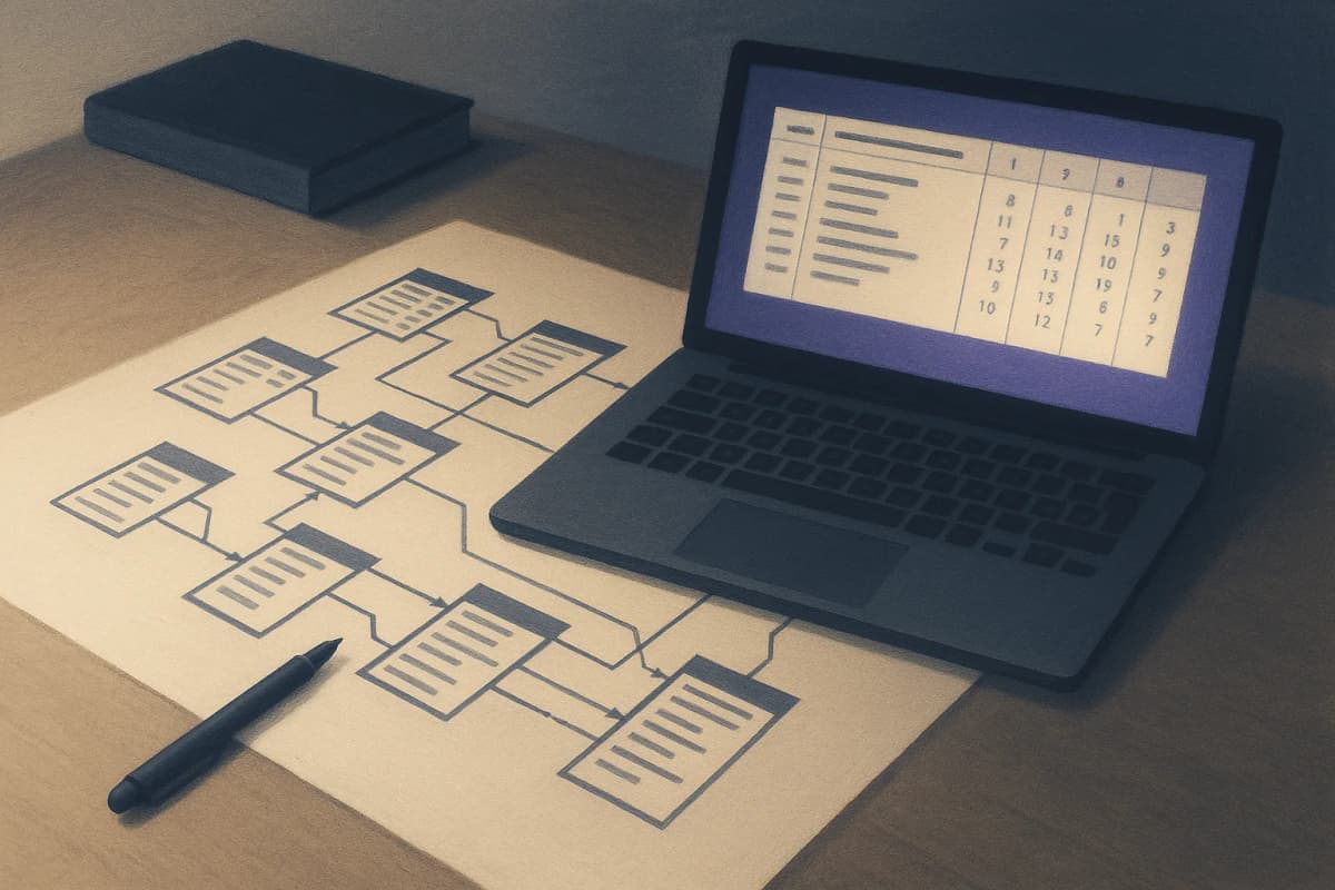 A data analyst's desk at night with a large printed database schema diagram of a dozen linked tables spread across it, connected by drawn lines, next to a laptop showing a single scoring table.