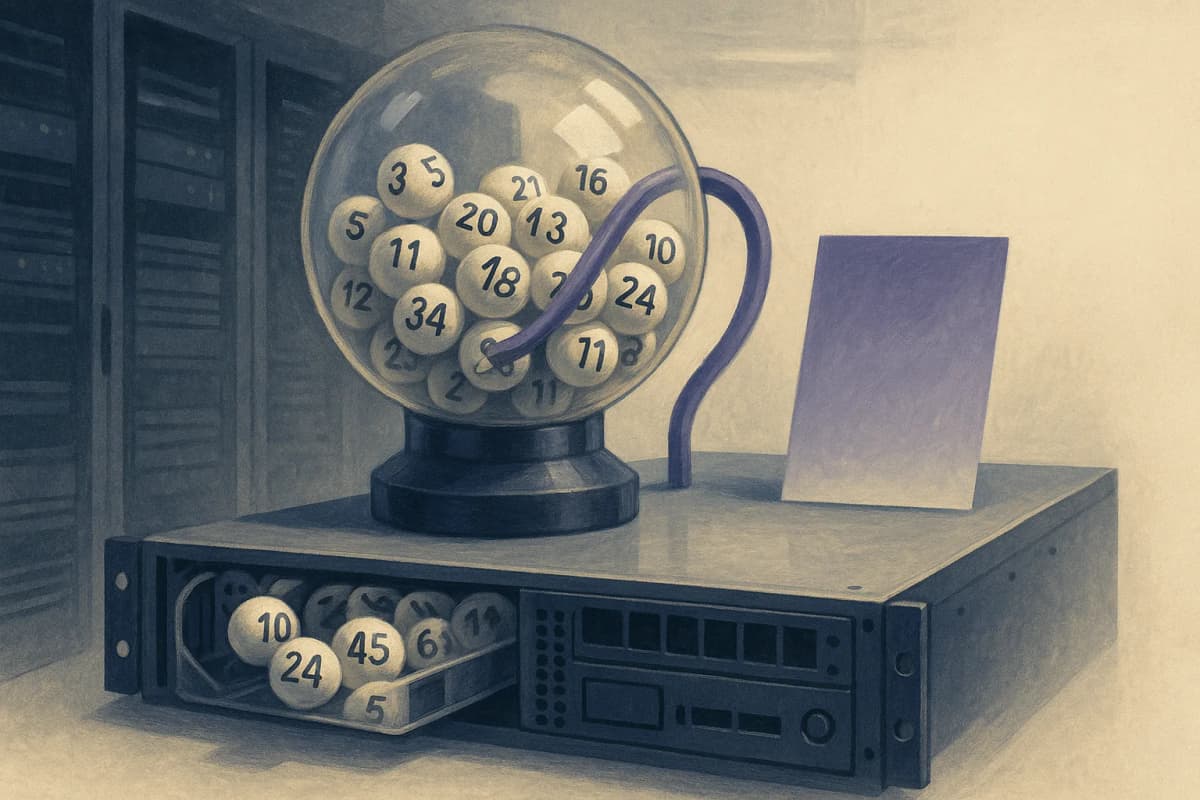A clear plastic lottery ball tumbler full of numbered balls sitting on top of an open rack-mounted GPU server in a data centre aisle, with a single printed sheet of paper clamped upright and untouched on the shelf beside