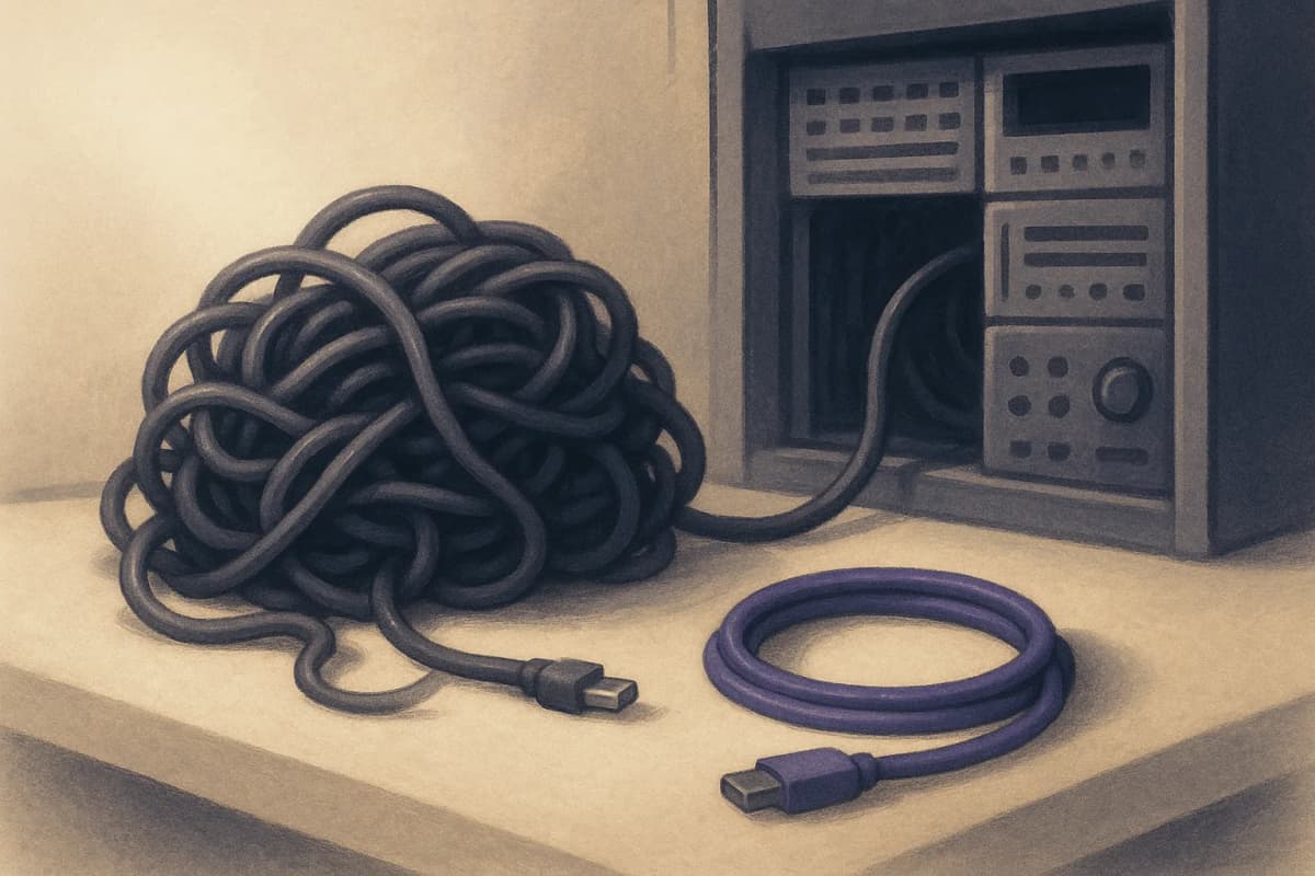 A workbench beside an open equipment cabinet, where a bulky tangled wiring loom has been pulled out and coiled on the bench, with a short simple replacement cable lying next to it ready to be fitted.