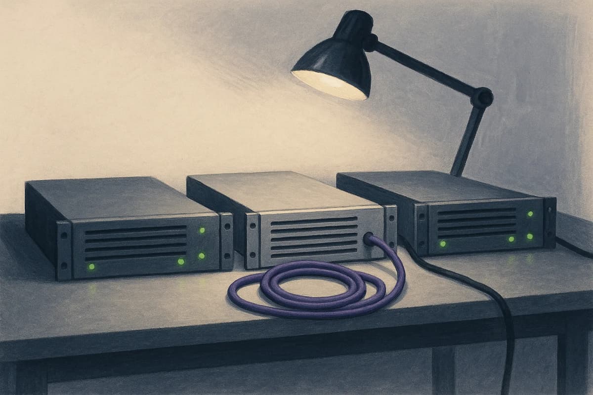Three identical rack-mount server boxes lined up on a workshop bench under a work lamp; the middle box is unplugged with its power cable coiled beside it, while the two flanking boxes are cabled in with their status ligh