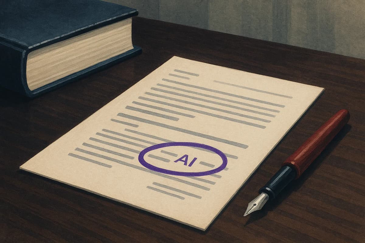 A printed technical document lying on a dark wood law-firm conference table beside a thick bound contract and an uncapped red pen, with a single line partway down the printed page circled in red ink.
