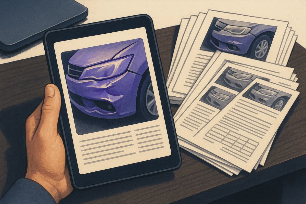 A close-up of a dented car bumper photographed on an insurance adjuster's tablet, with the same photo repeated several times in a stack of printed claim forms on the desk beside it.