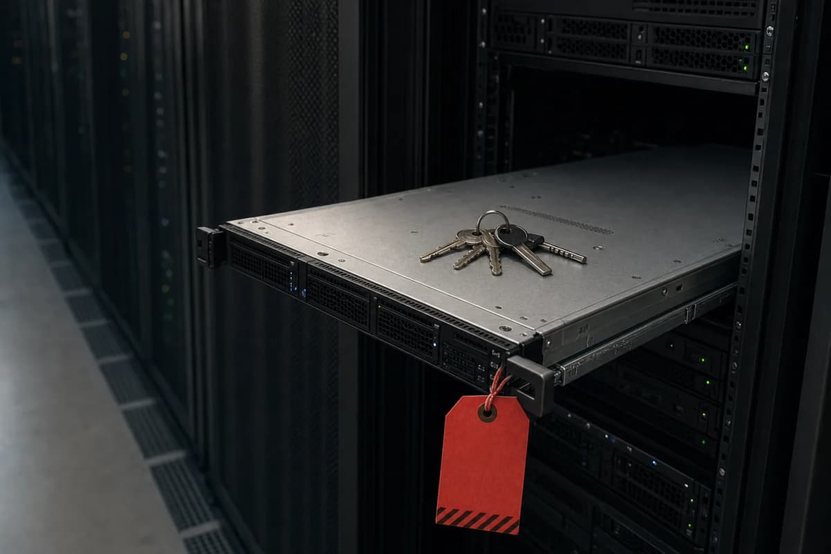 A server rack in a dim data centre with one 1U gateway server pulled halfway out on its rails, a red quarantine tag tied to its handle and a ring of physical keys lying on top of it.