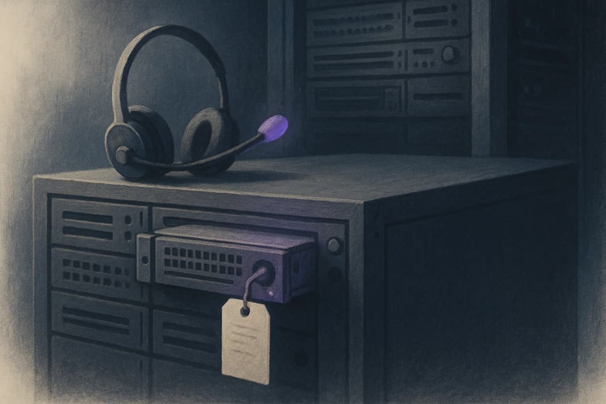 A server rack in a dim data centre with one blade half-pulled out and a paper maintenance tag hanging from it, while a desk headset with a glowing boom mic rests on top of the rack.