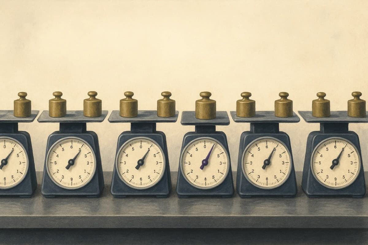 Nine identical mechanical kitchen scales lined up in a row on a steel counter, each holding the same brass weight, but every needle resting at a slightly different point on its dial.