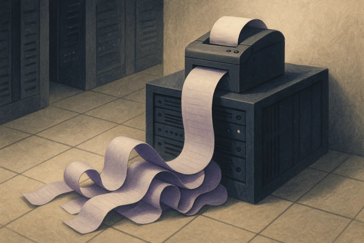A small receipt printer sitting on top of a server rack in a dim data-centre aisle, spooling out an absurdly long blank paper tape that curls and piles across the raised-floor tiles.