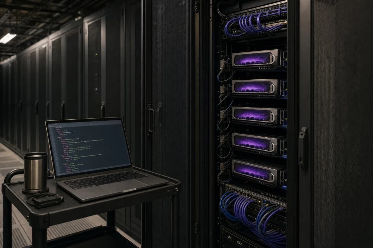 A row of open GPU server racks in a dim data centre aisle, one rack door open showing glowing GPU sleds and bundled network cables, with a laptop on a crash cart displaying a Kubernetes YAML manifest.