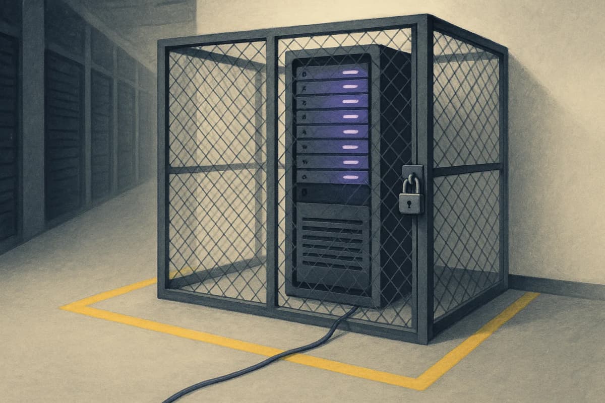 A single server rack inside a locked wire-mesh cage in a data centre aisle, a yellow boundary line painted on the floor around the cage, and one network cable running under the mesh and across the line to the outside.