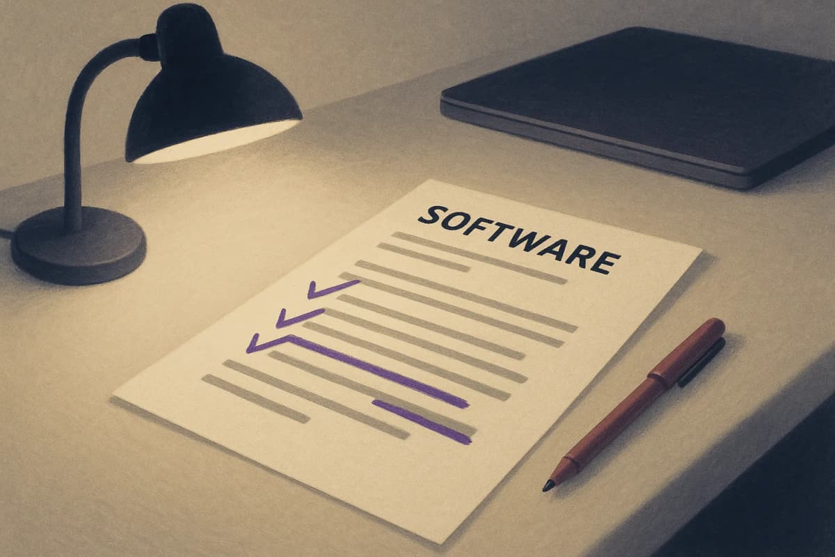 A printed software specification document lying on a desk under a desk lamp, several lines marked up in red pen by hand, with a closed laptop pushed to the far edge of the desk.