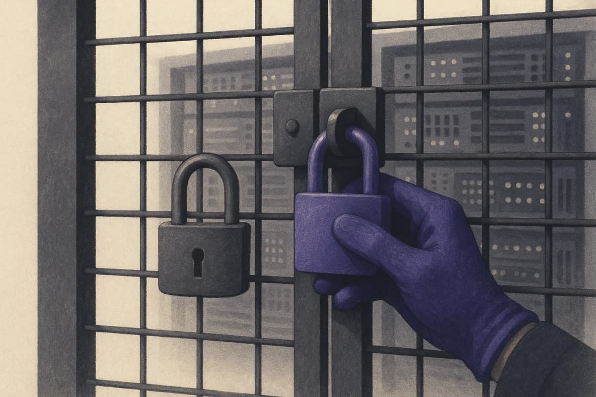 A steel data-centre cage door with two padlocks on the hasp: a gloved hand is clicking one shut while the second padlock hangs wide open and unnoticed beside it, server racks blurred behind the mesh.