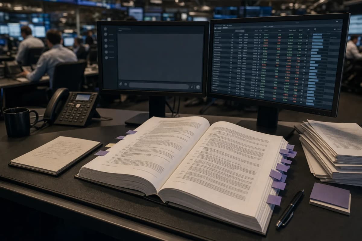 A credit analyst's desk on a trading floor with a thick printed loan agreement open to a covenant page, flagged with sticky tabs, beside two monitors showing a blank chat window and a bond pricing grid.