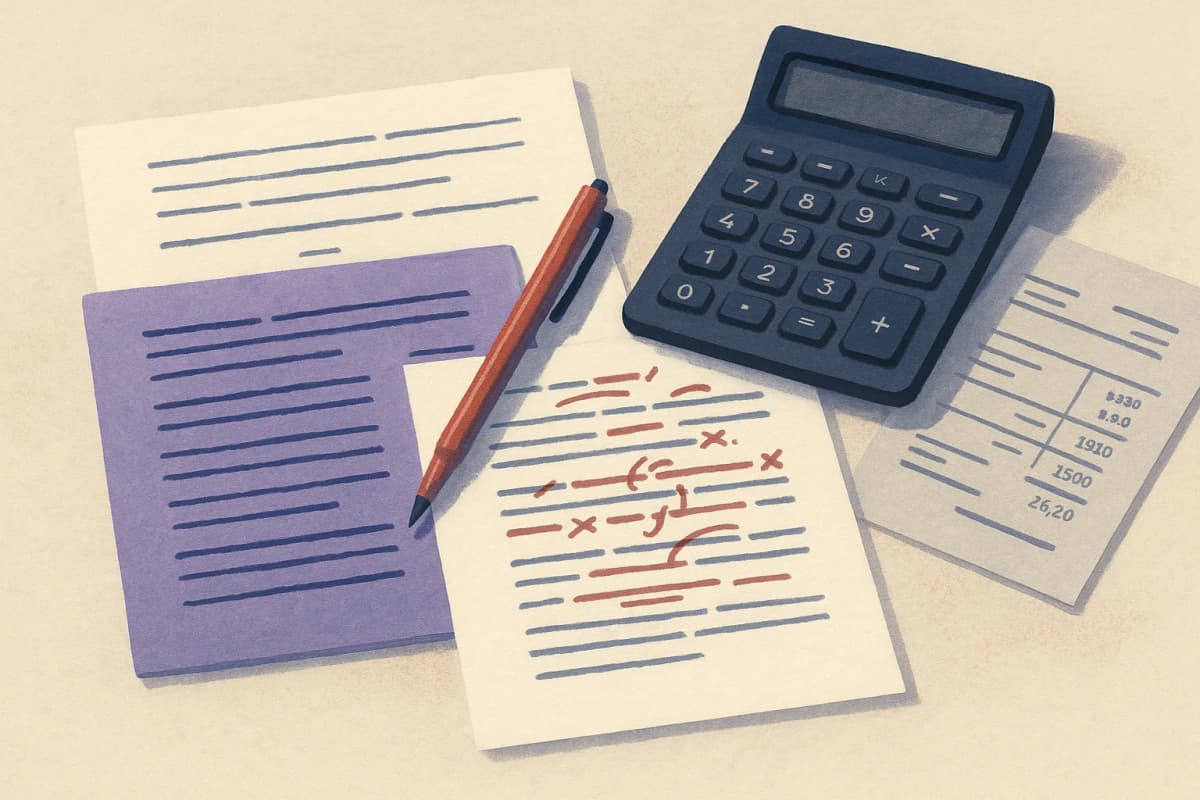 A translator's desk with a printed English page and its marked-up French translation side by side, red pen corrections all over the French copy, a desk calculator and an invoice beside them.
