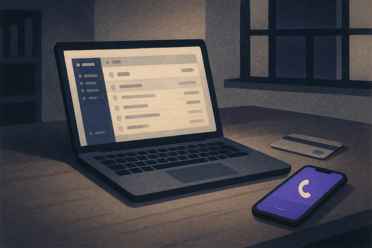 A laptop on an empty office desk at night showing an open email inbox, with a small smartphone beside it lit up by an incoming call and a payment card lying next to the phone.