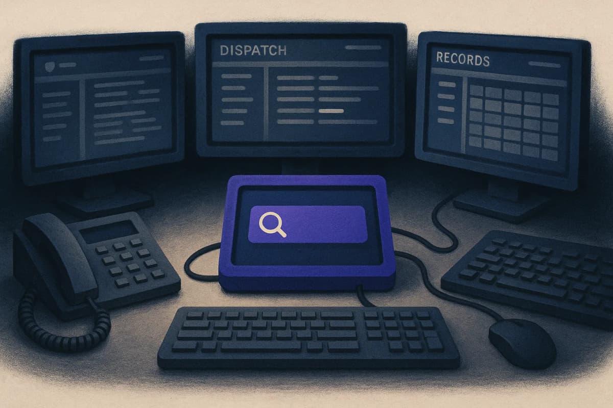 A police dispatch console at night with several monitors, each showing a different records or dispatch screen, and a single new unifying search terminal in the middle of the desk wired into all of them; no readable text