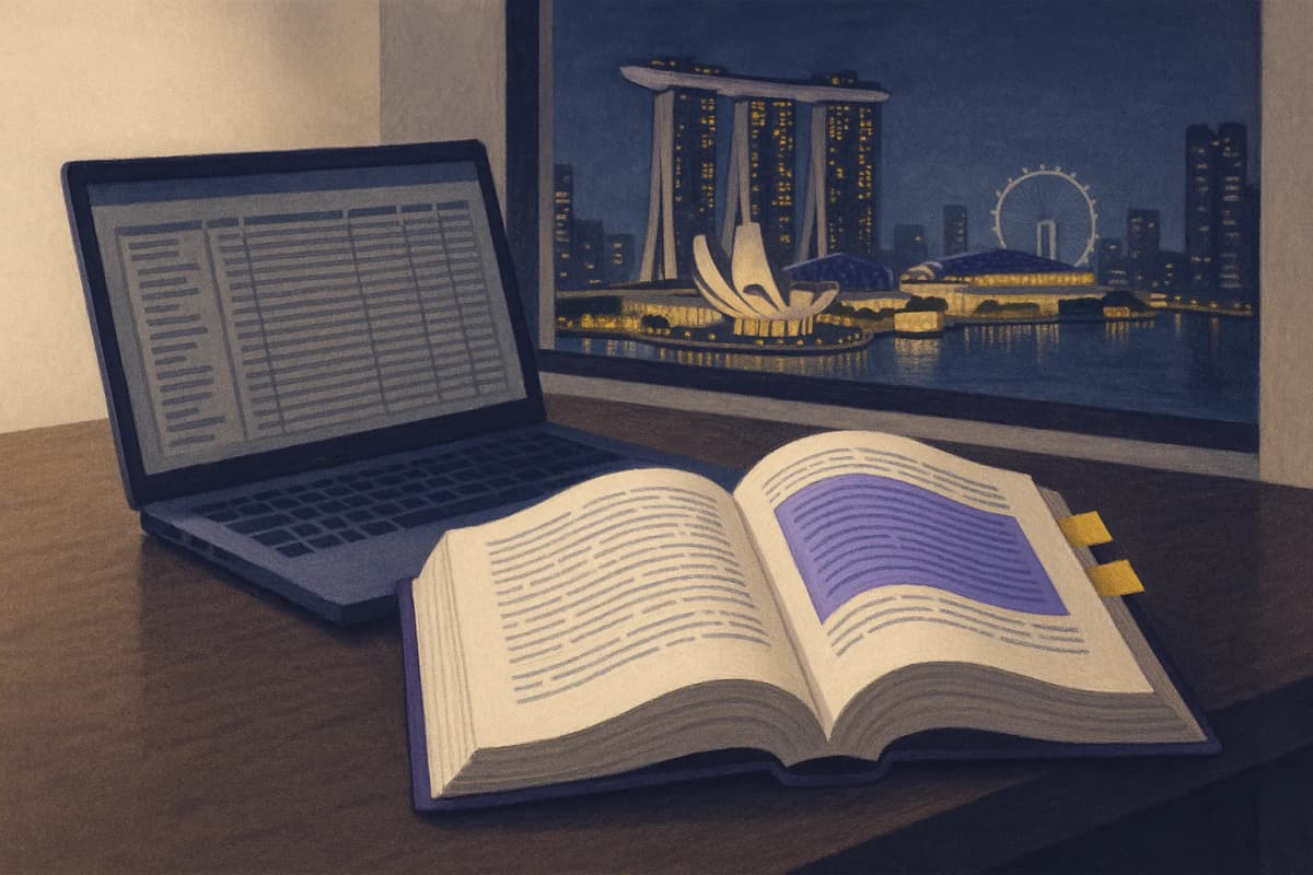 A compliance analyst's desk in a Singapore bank office at night, a thick printed vendor contract open beside a laptop showing a long spreadsheet inventory, with yellow sticky tabs marking pages and the Marina Bay skyline