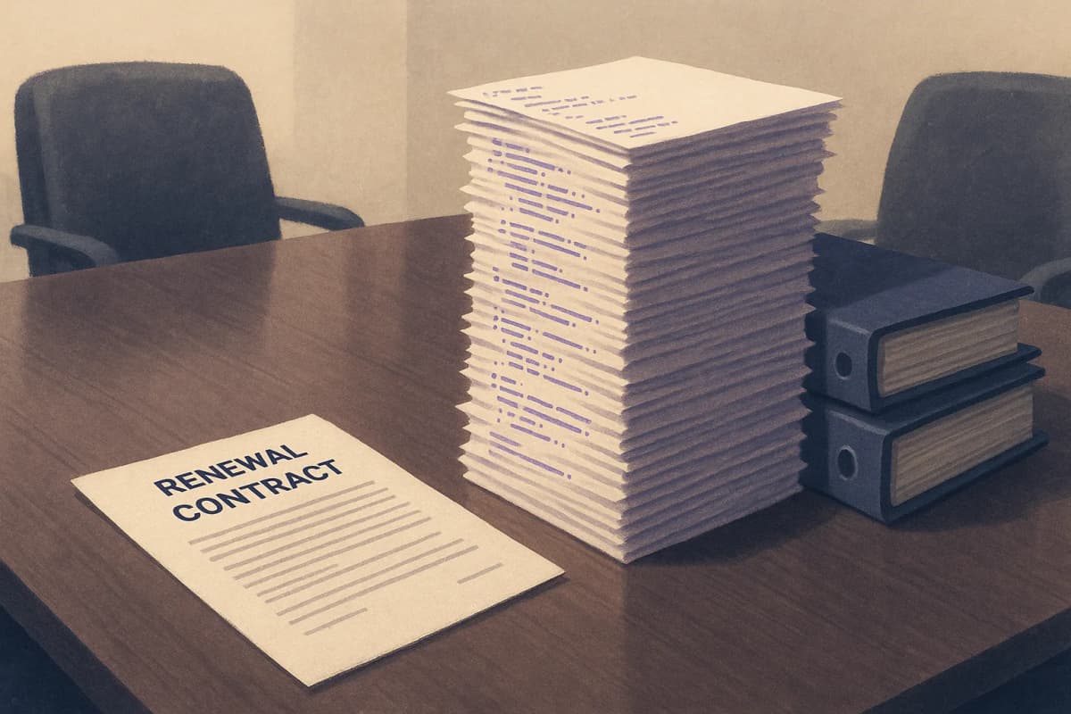 A conference-room table where a slim printed software renewal contract has been pushed aside, replaced by a much taller stack of loose printed code listings and thick ring-bound audit folders.