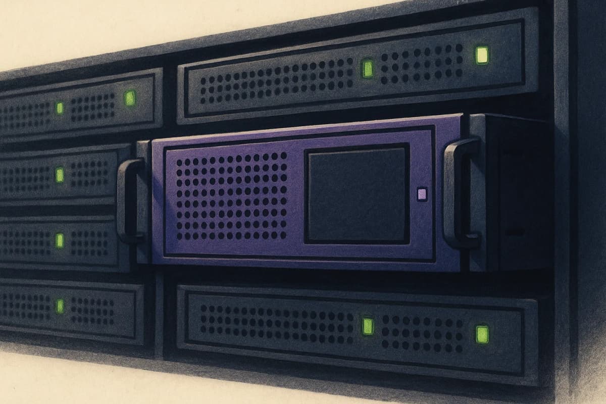 A rack-mounted server with its status LED dark, sitting in a row of servers whose LEDs are lit, seen close up from the front at slight angle. No text or logos.