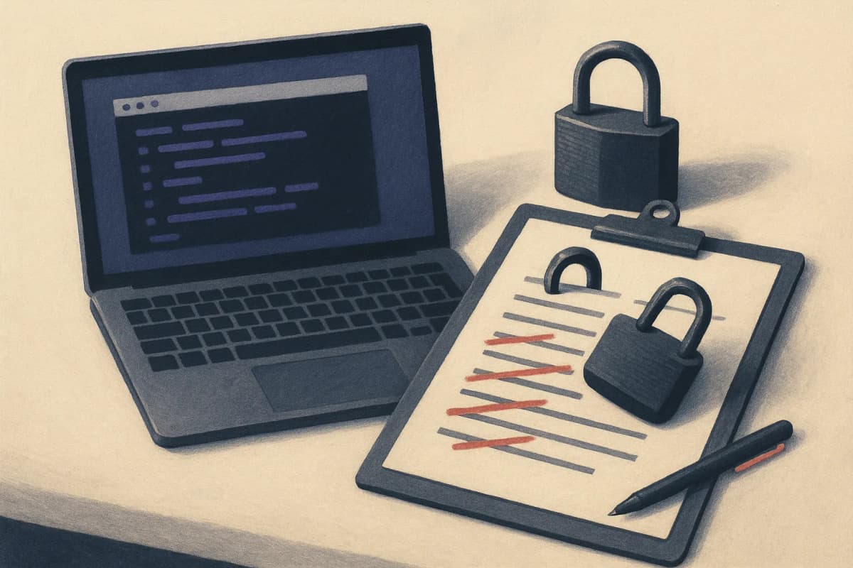 A developer's laptop on a desk showing a terminal, beside a printed server allowlist on a clipboard with several lines crossed out in red pen and a physical padlock resting on top of the page.