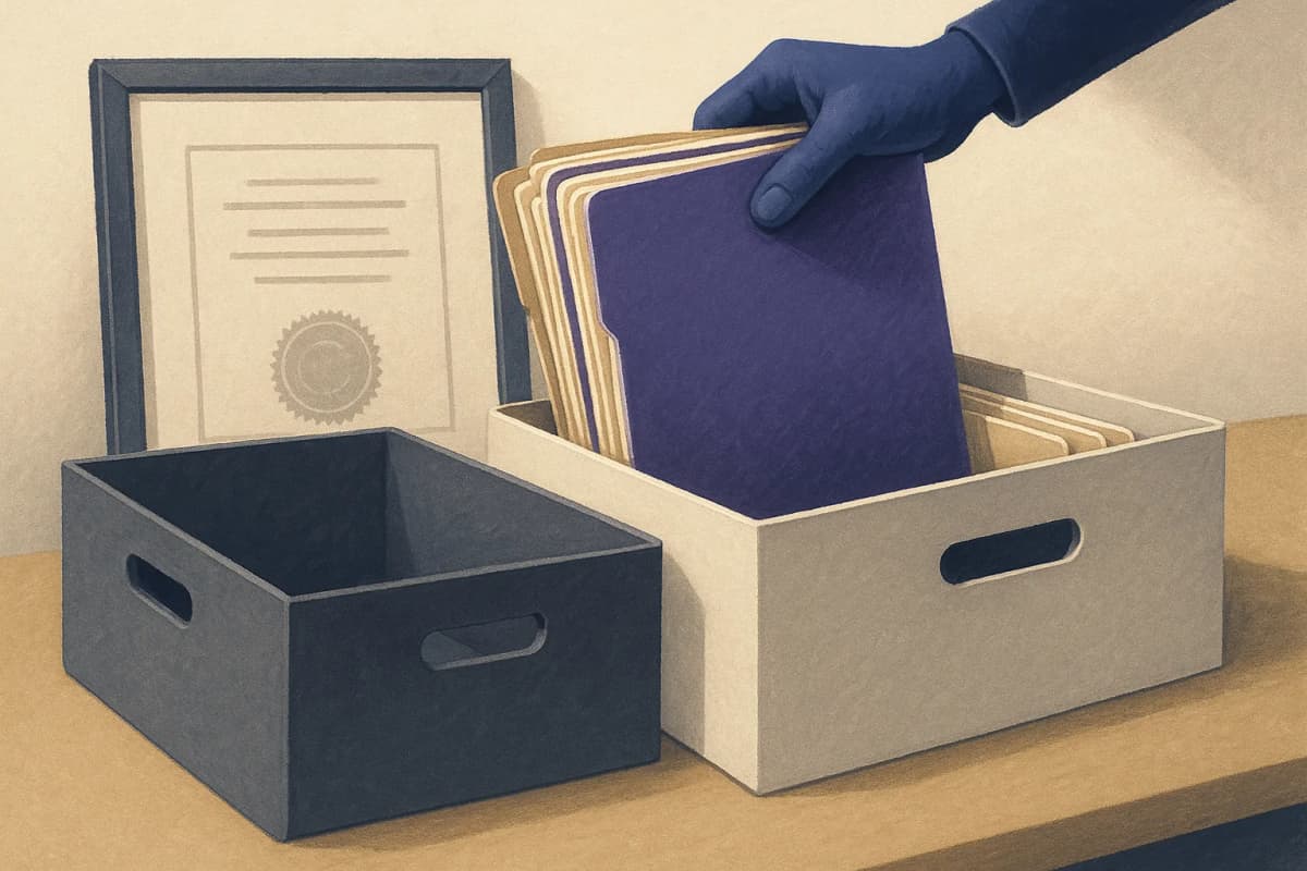 A health plan credentialing office desk where a thick stack of manila provider credentialing file folders is being lifted out of an old grey archive box into a new white archive box, with a framed certificate with an emb