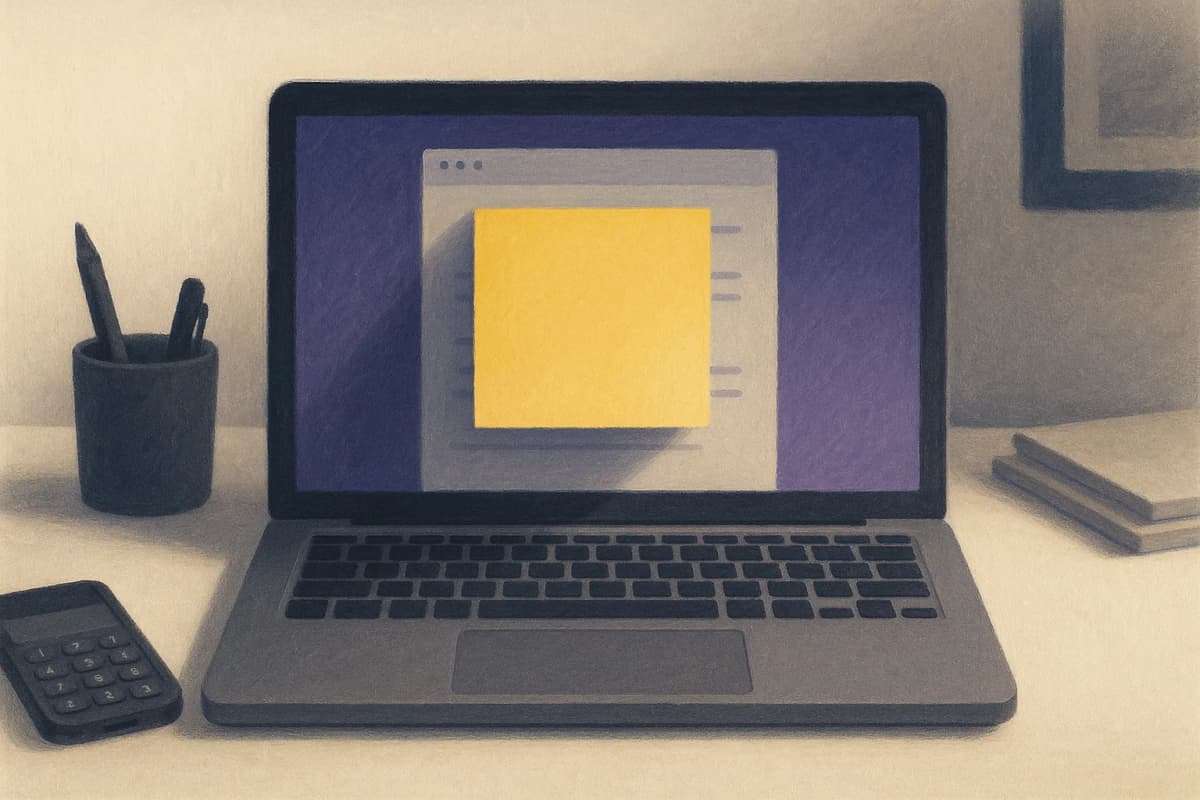 A blank yellow sticky note left over from an earlier task, stuck squarely in the middle of an open laptop screen on a tidy office desk, covering the new document underneath.