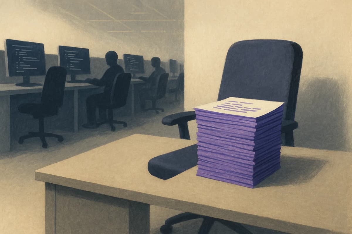 An empty manager's desk at the end of a long row of occupied engineering workstations, a tall stack of printed code-review requests piled on it and the office chair pushed back, unoccupied.