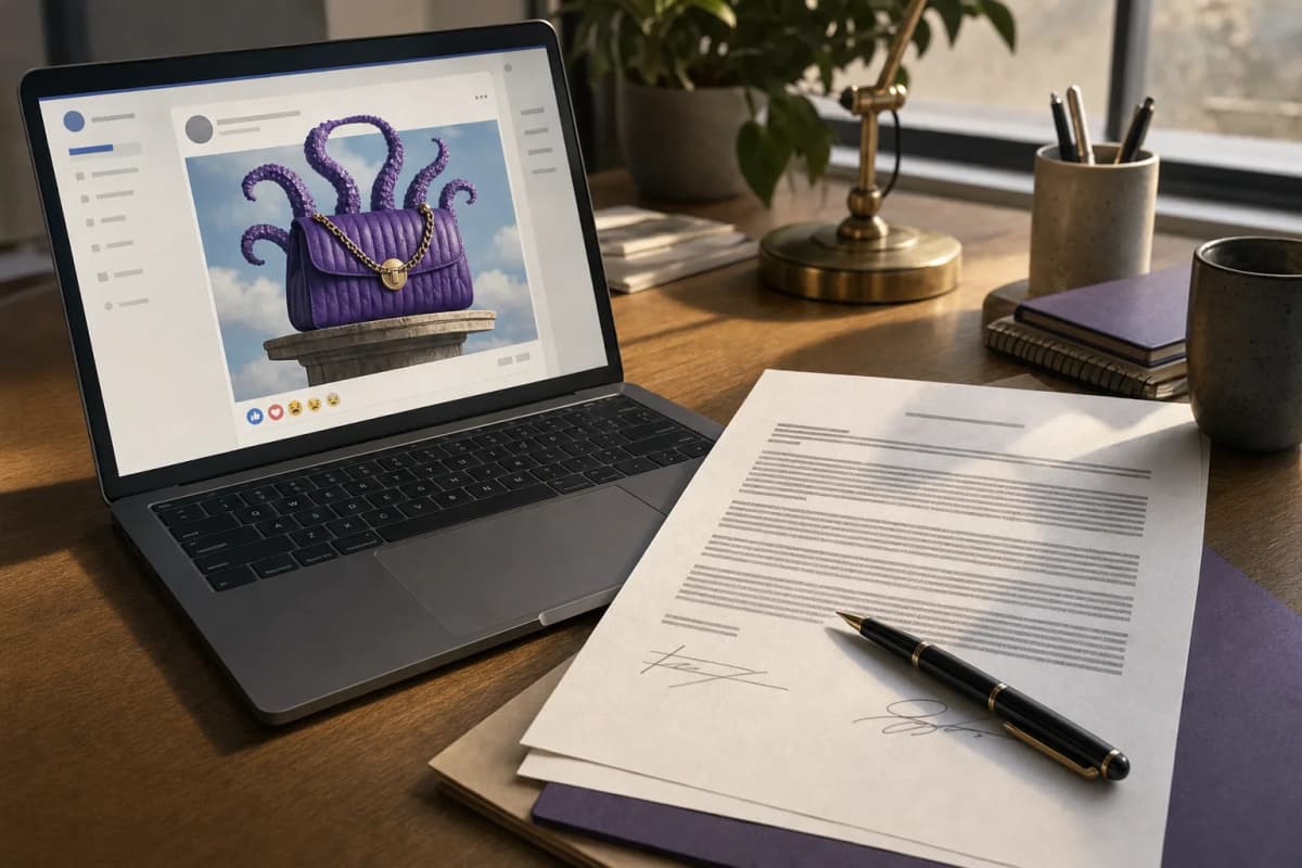 A printed advertising contract lying on a marketing manager's desk beside a laptop showing a social media ad with a strange AI-edited product photo, a pen resting on the signature page, warm office light.